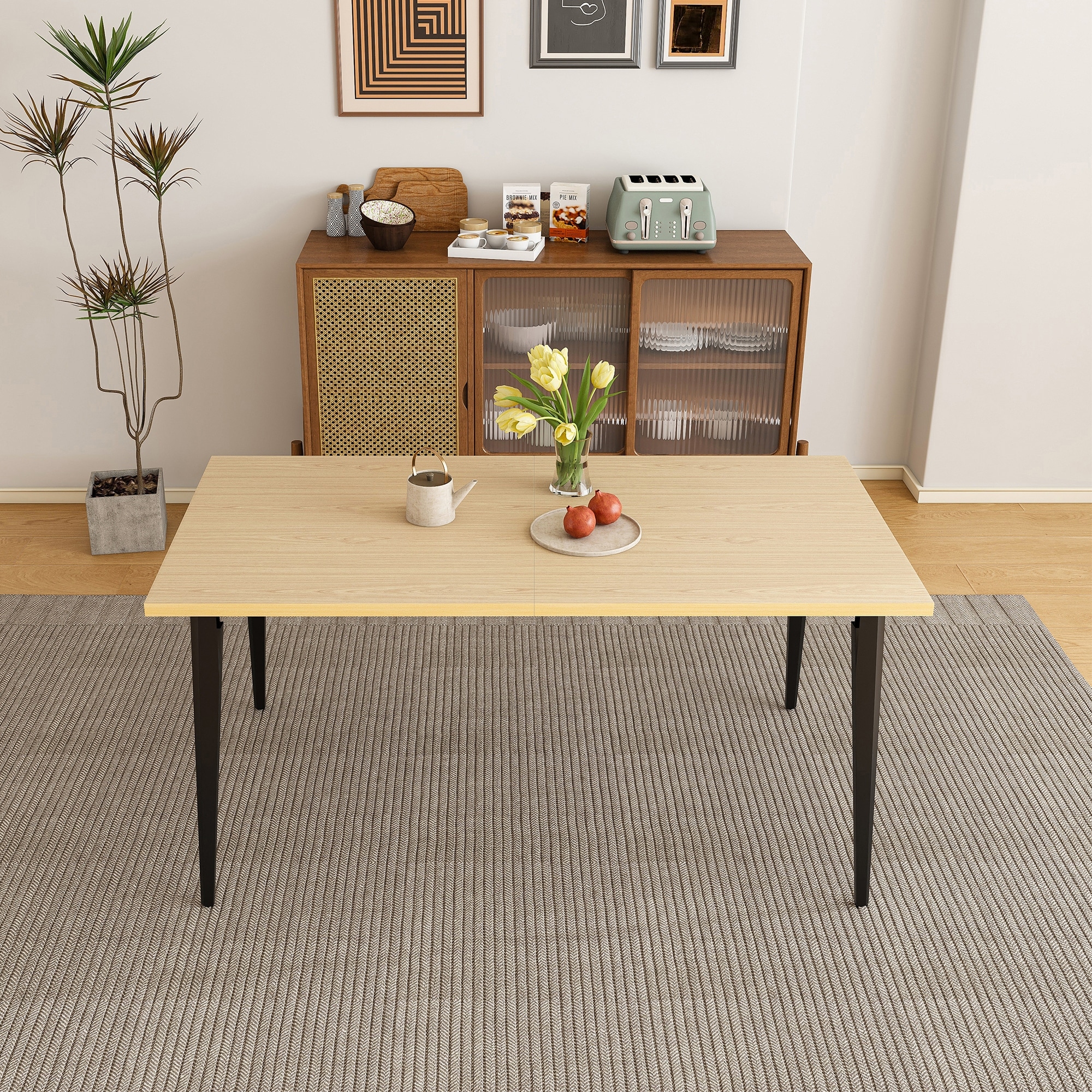 63-inch Modern Dining Table, Wooden Tabletop & Rust-Resistant Iron Legs, Rectangular Kitchen Table for 6-8 People - Natural Wood