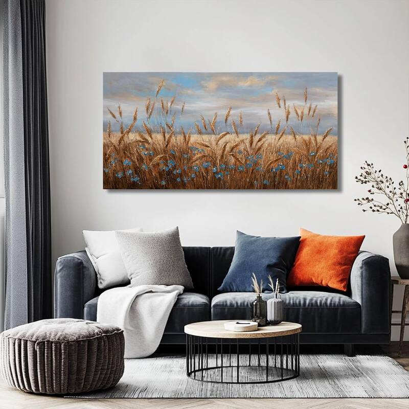 Flowers Wall Art Gold Cornfield Artwork Blue Sky Landscape