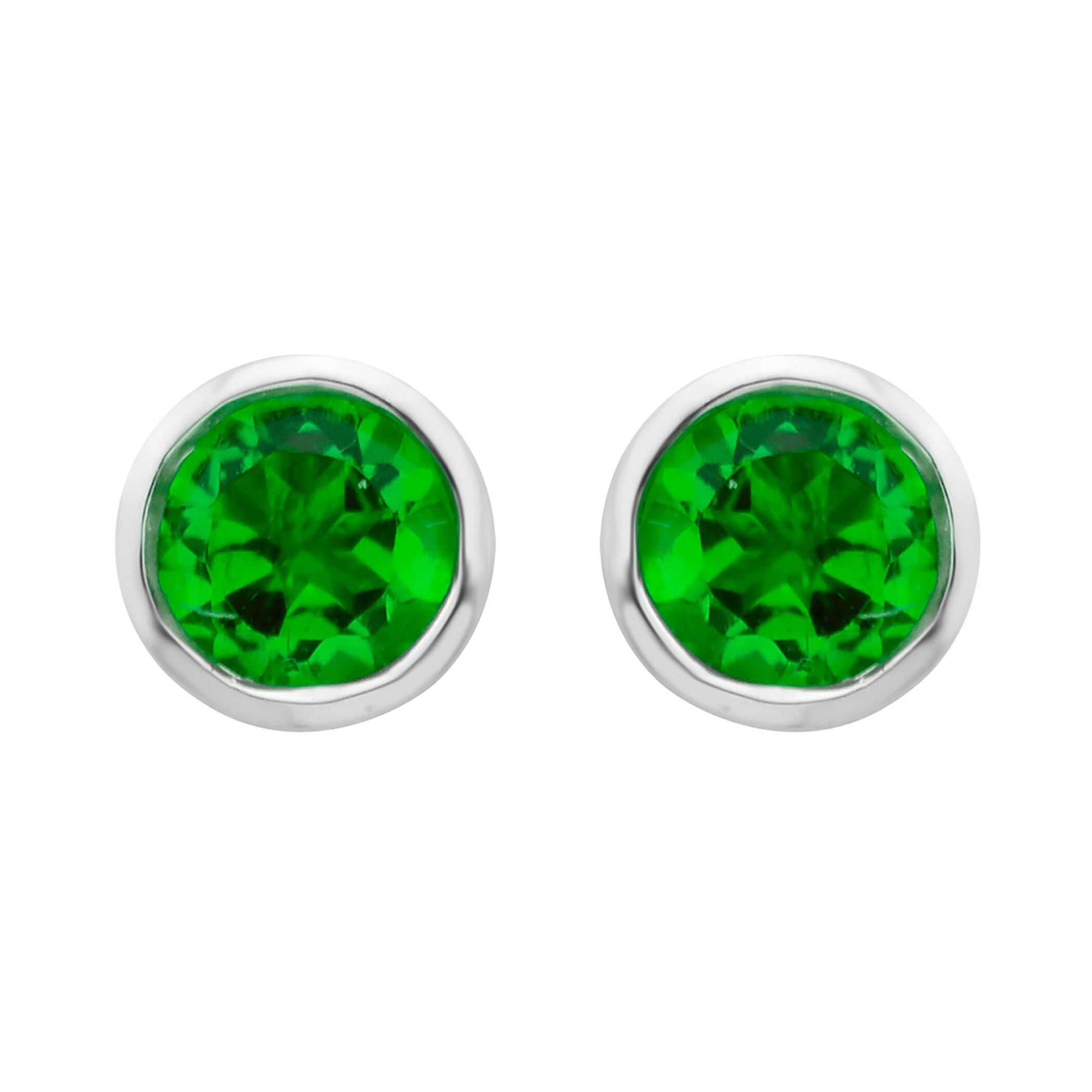 .925 Sterling Silver Created Emerald Bezel set stud Earrings