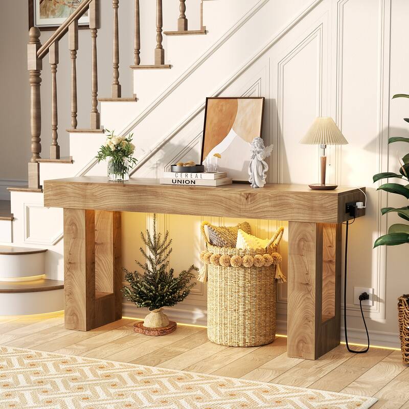 63'' Console Table with Motion Sensor Light and Charging Station, Modern Farmhouse Entryway Table