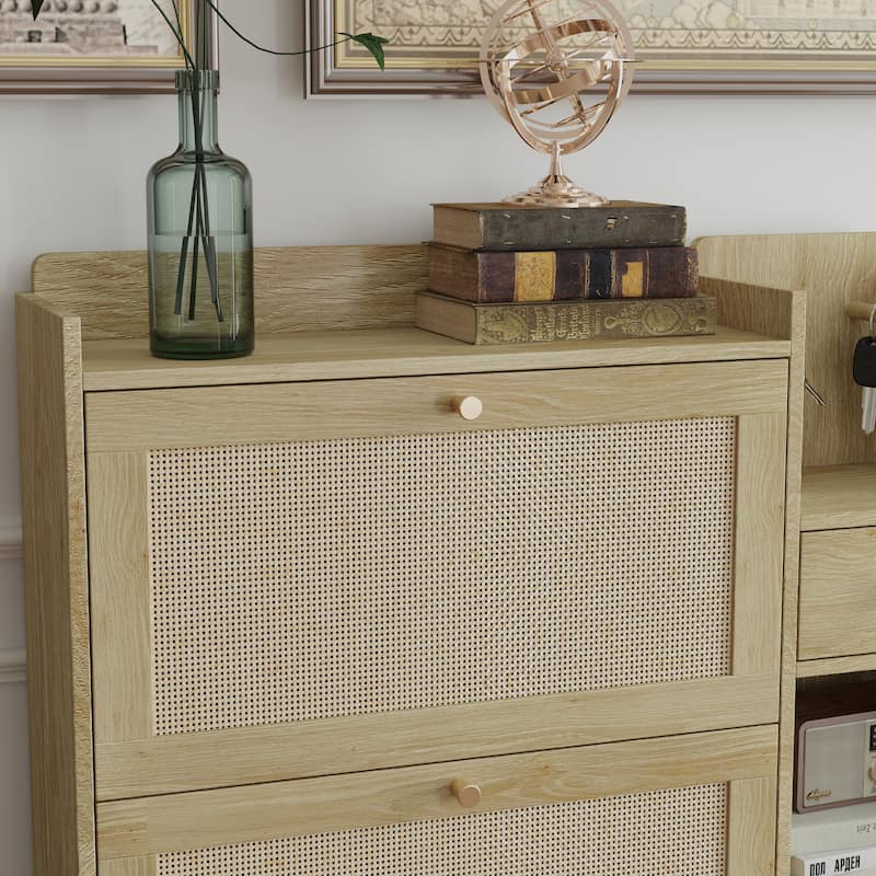 Freestanding Shoe Storage Cabinet, Narrow Hidden Shoe Rack with 3 Rattan Flip Drawers, 3 Square Shelves & 1 Storage Drawer