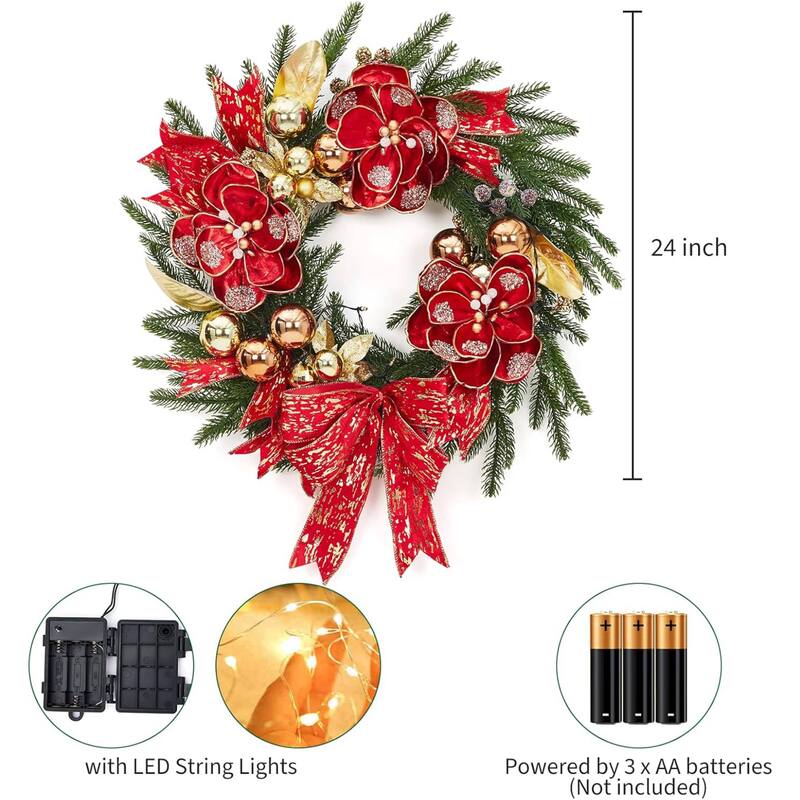24 Inch Pre-Lit Artificial Pine Christmas Wreath with Warm White LED Lights