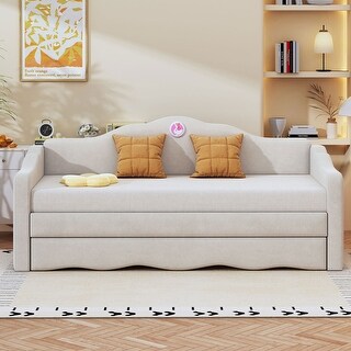 Twin Size Upholstered Platform Daybed with Wave-shaped Trundle, Beige