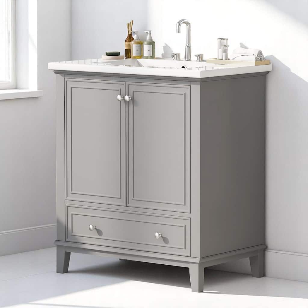30" Bathroom Vanity with Sink Combo, Solid Wood Frame, Adjustable Shelf, Drawer & Cabinet Storage