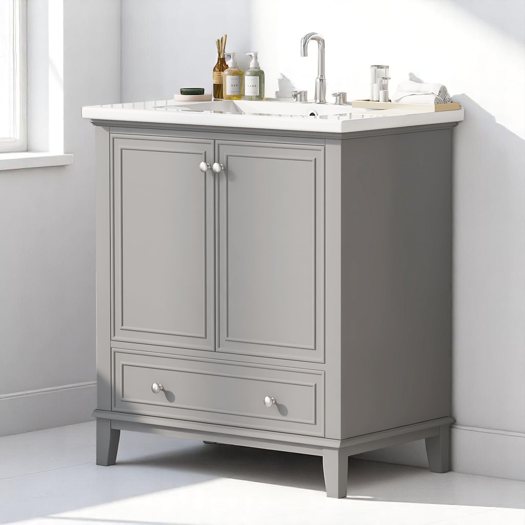30" Bathroom Vanity with Sink Combo, Solid Wood Frame, Adjustable Shelf, Drawer & Cabinet Storage