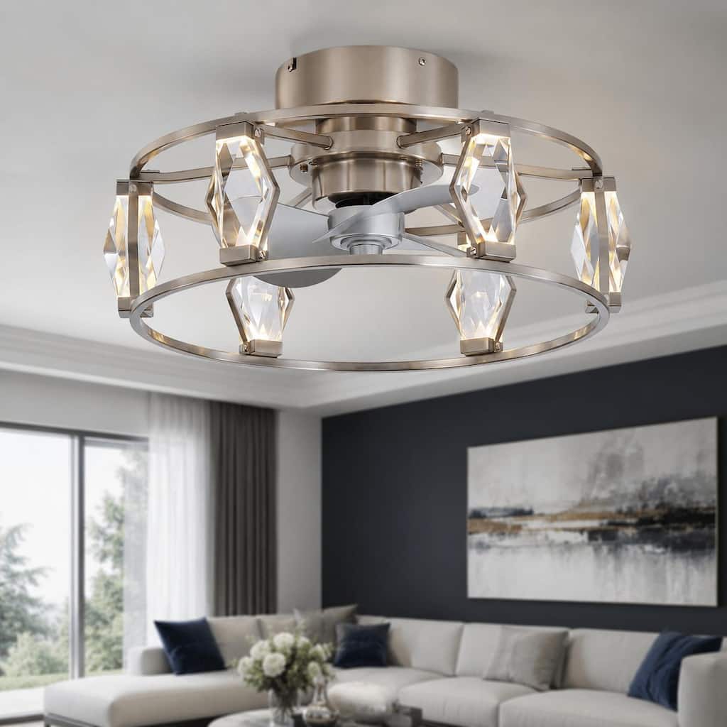 20.8" Modern Crystal Fandelier Ceiling Fan with Light, DC Motor, Remote Control, Dimmable LED, Quiet, Silver Blades