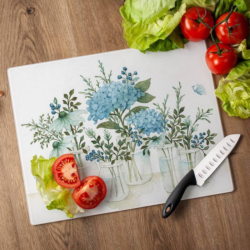Mason Jars & Florals 3mm Heat Tolerant Tempered Glass Cutting Board 15” x 12” Manufactured in the USA Dishwasher Safe