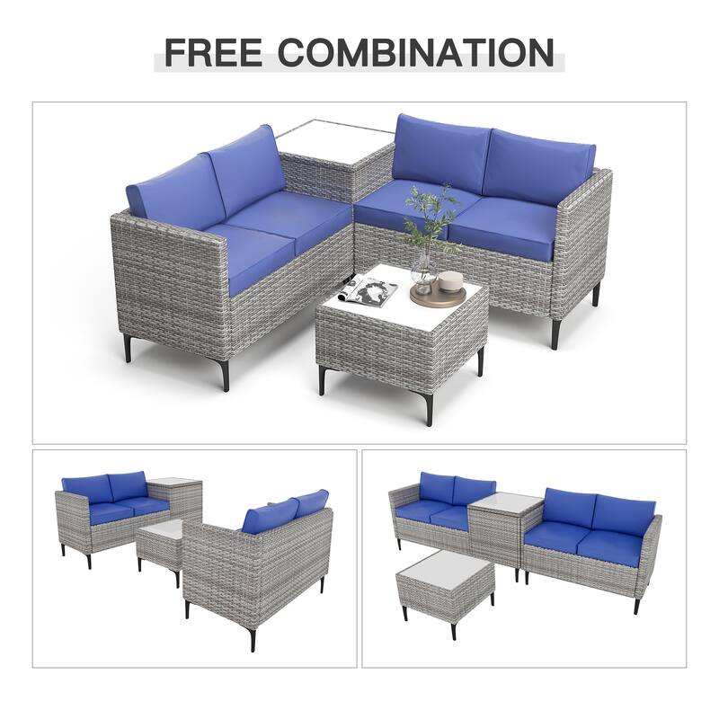 4-Piece Rattan Patio Set – Modular Sectional with Storage Box & Glass Table, Weather-Resistant for Outdoor Lounge,