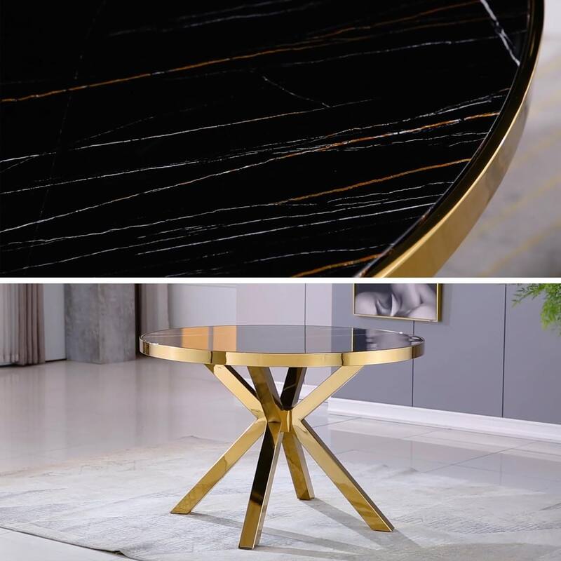 Round Dining Room Table with Silver Stainless Steel Metal Cross Base