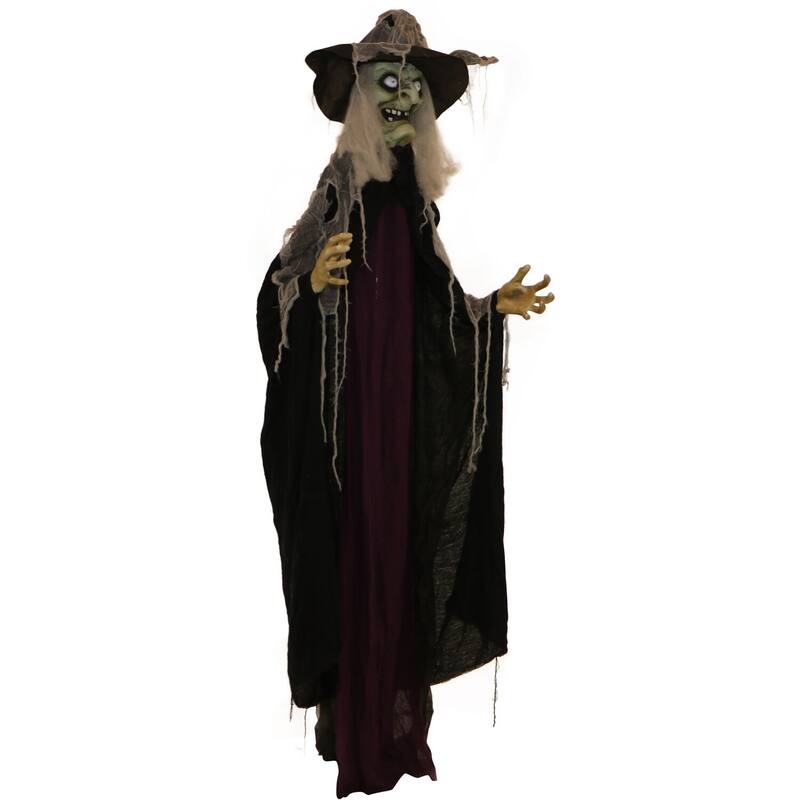 Haunted Hill Farm 6.9-ft. Standing Witch, Indoor/Covered Outdoor Halloween Decoration, LED Red Eyes, Poseable, Spinster