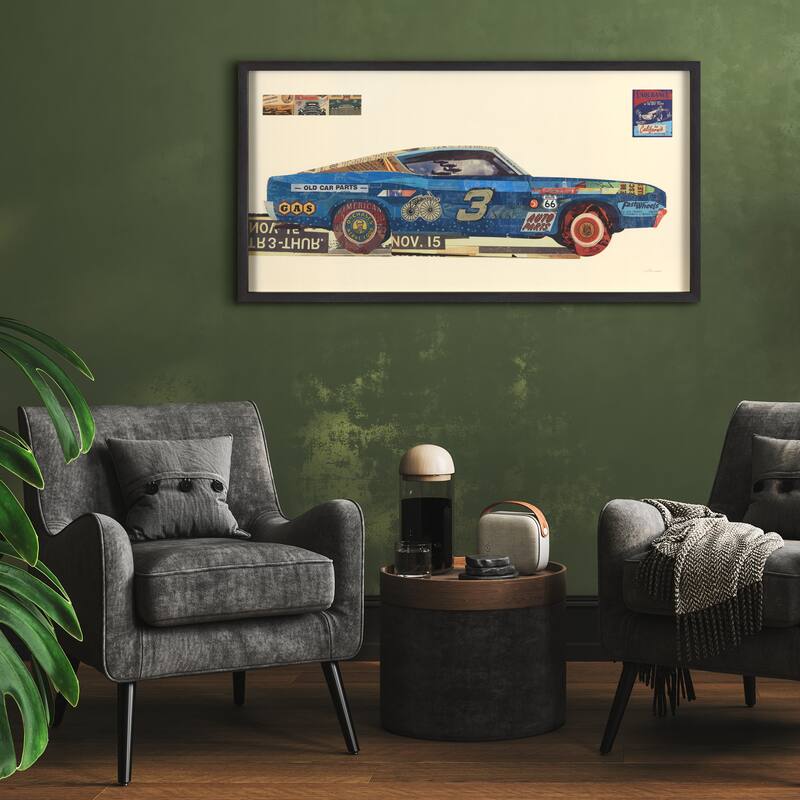 "Muscle Blue Car" Dimensional Collage Framed Graphic Glass Wall Art