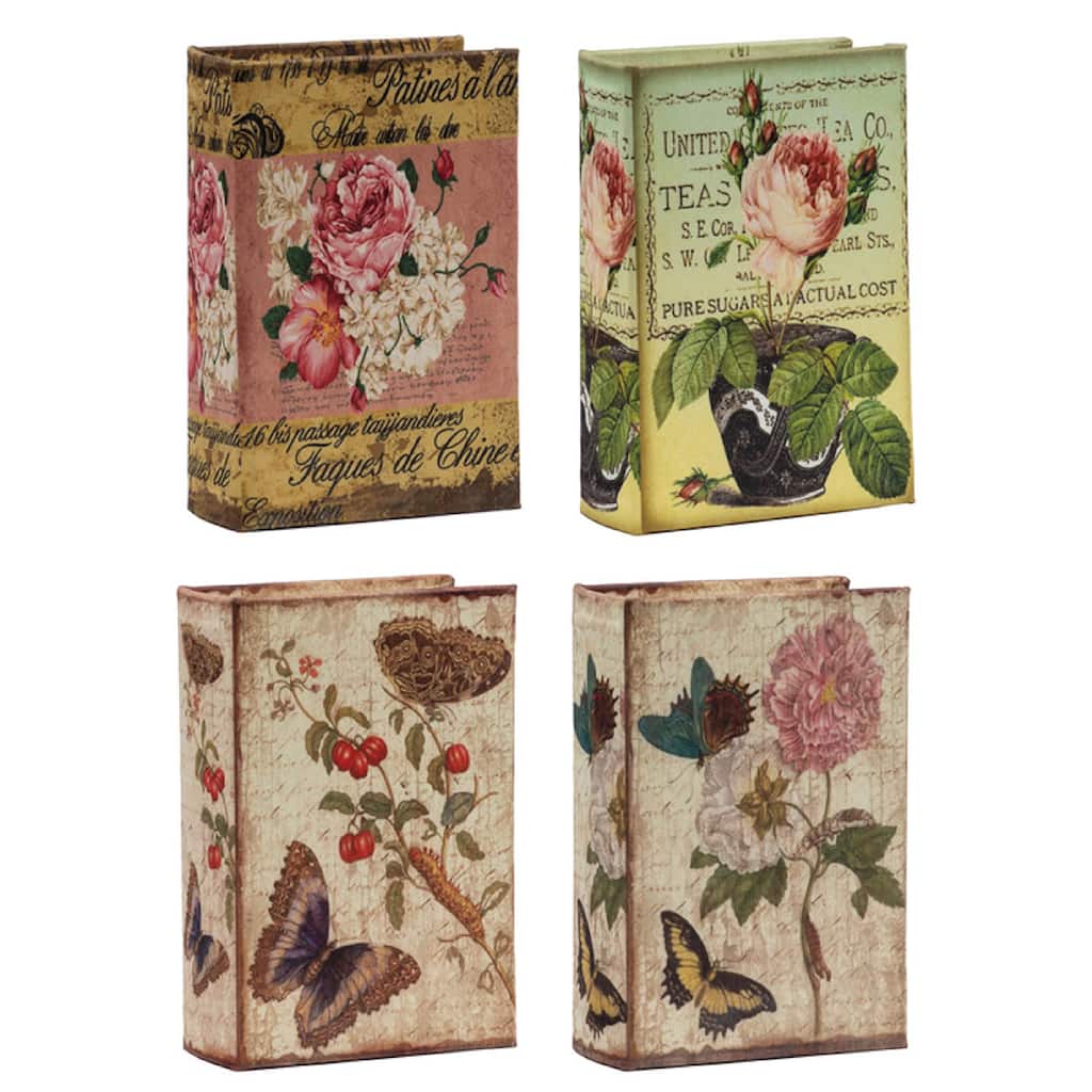 Meer Faux Book Storage Box Set of 4, Vintage Flowers Butterflies, Pink Silk