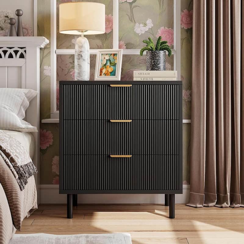 27.6'' Fluted 3 Drawer Dresser, with Anti-Tipping Device - Black