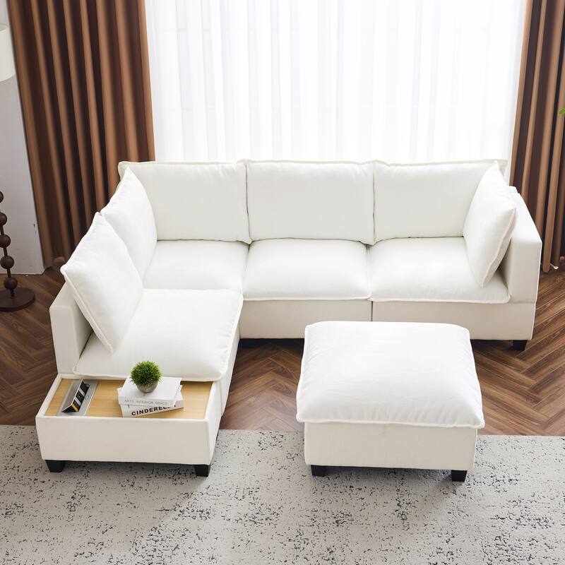 U-Shaped Sectional Sofa with Ottoman, Coffee Table with Hidden Charging Devices, Oversized Chenille Upholstered Cloud Sofa