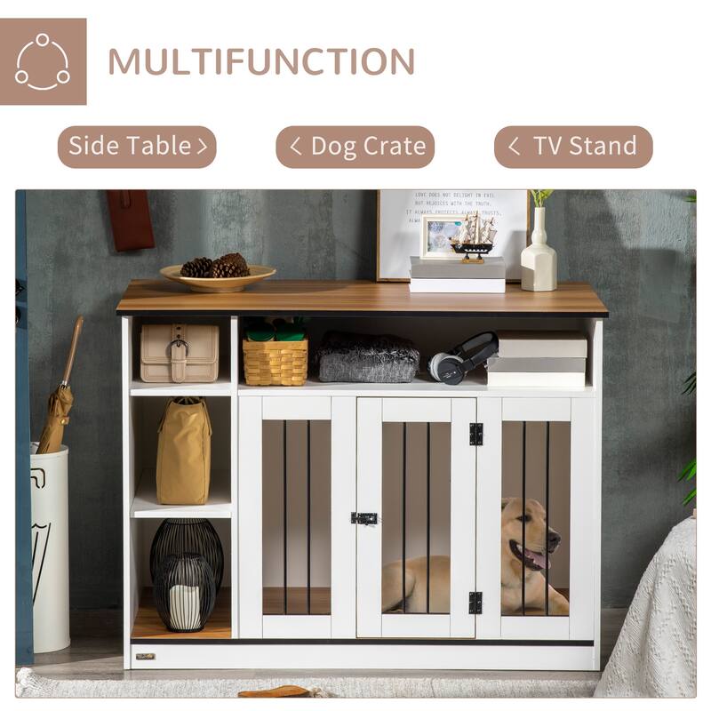 White Steel and MDF Dog Crate Side Table with Lockable Door Adjustable Shelves and Large Tabletop