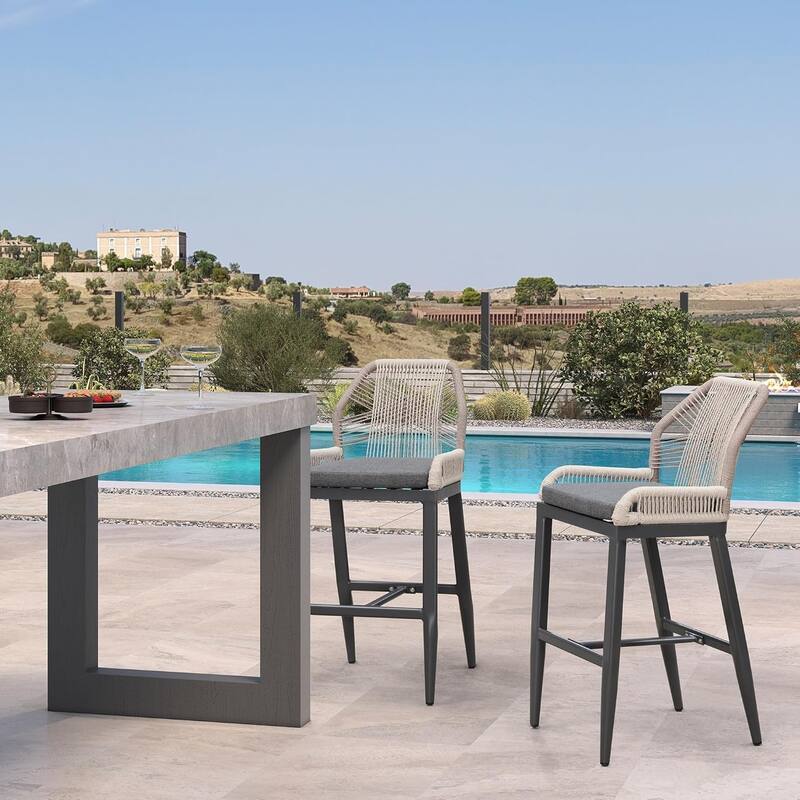 PURPLE LEAF Outdoor Bar Stools Chair Set of 2, All Weather Rattan and Aluminum Patio Bar Stool with Cushion - Grey-Height stool