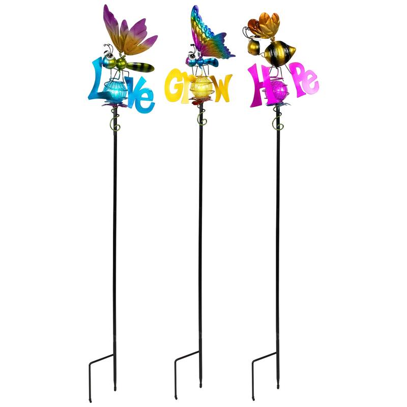 Solar Lighted Grow, Love and Hope Outdoor Garden Stakes - 35" - Set of 3 - Multi