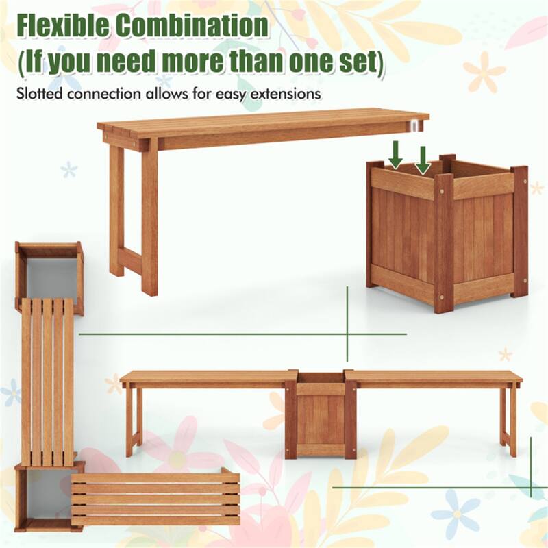 2 in 1 Solid Wood Garden Bench with Planter Box Outdoor Seating for Patio Yard and Deck - 54" L x 16" W x 18" H
