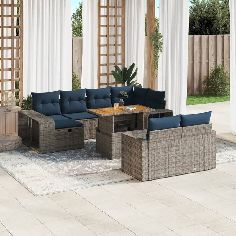 vidaXL Patio Sofa Set with Cushions Sectional Couches 11 Piece Poly Rattan - Grey  Wood