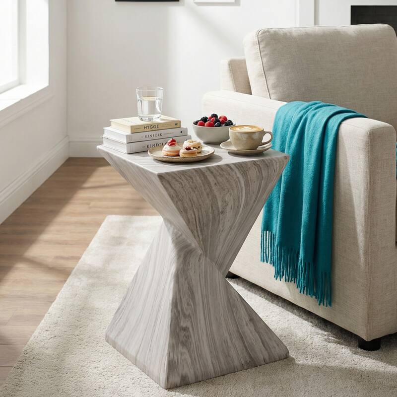 Christopher Knight Home - Modern Indoor/Outdoor 18.5"H Geometric Faux Marble MgO Accent Side Table with Sculptural Fluted Design