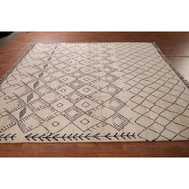 Earth Tone Trellis Moroccan Area Rug Handmade Wool Carpet - 8'1" x 9'6"