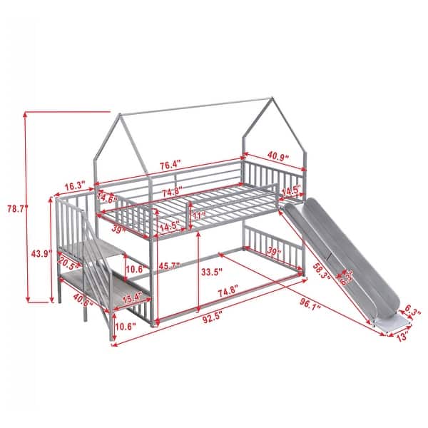 Twin Size Metal Bunk Bed House Design with Slide, Staircase, and Storage for Kids, Silver Finish