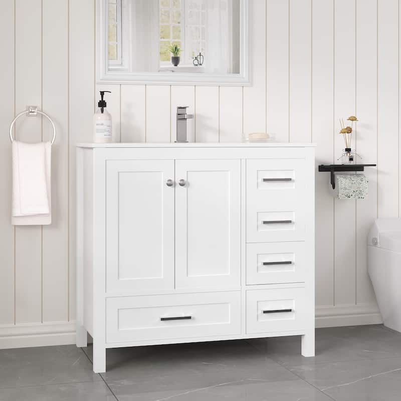EROMMY All-in-One Bathroom Vanity with Ceramic Sink, Soft-Close Storage Cabinet & Drawer, Glossy Countertop, White