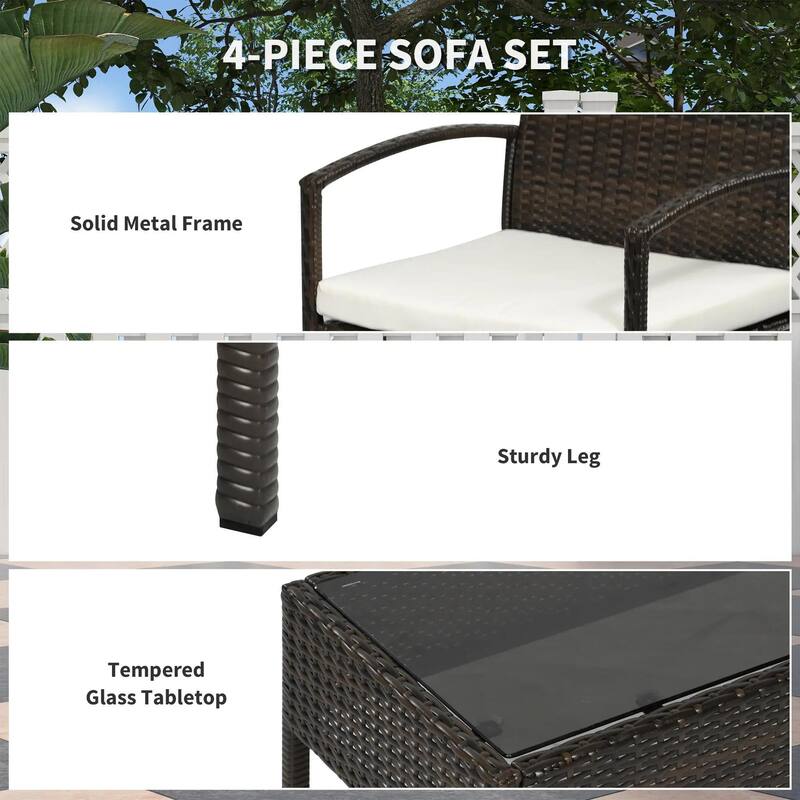 4PCS PE Rattan Conversation Set, Sofa Loveseat Table, All Weather