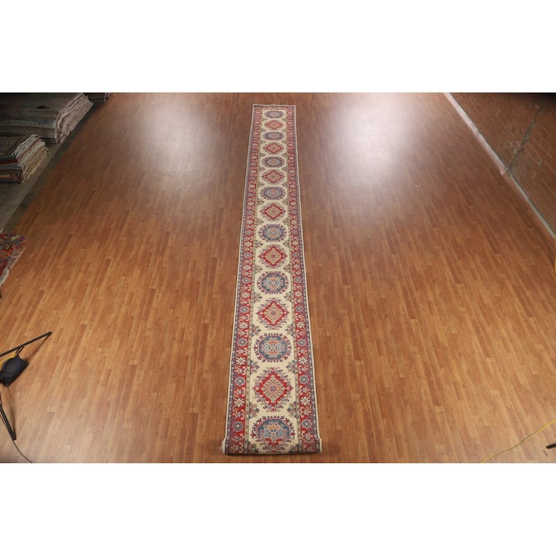 Geometric Beige Kazak Oriental Runner Rug Handmade Wool Carpet - 2'7" x 35'3"