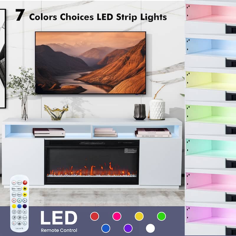 68" Modern RGB LED White TV Stands Console with 36" Fireplace