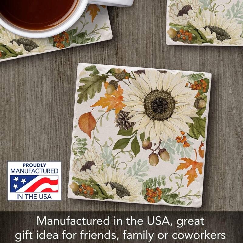 Absorbent Stone Tumbled Tile Coasters, Farmhouse Sunflowers, Set of 4