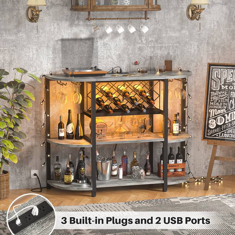Bar Storage Shelf with Wine holder and Glass Rack, Liquor Shelf with Charge Station