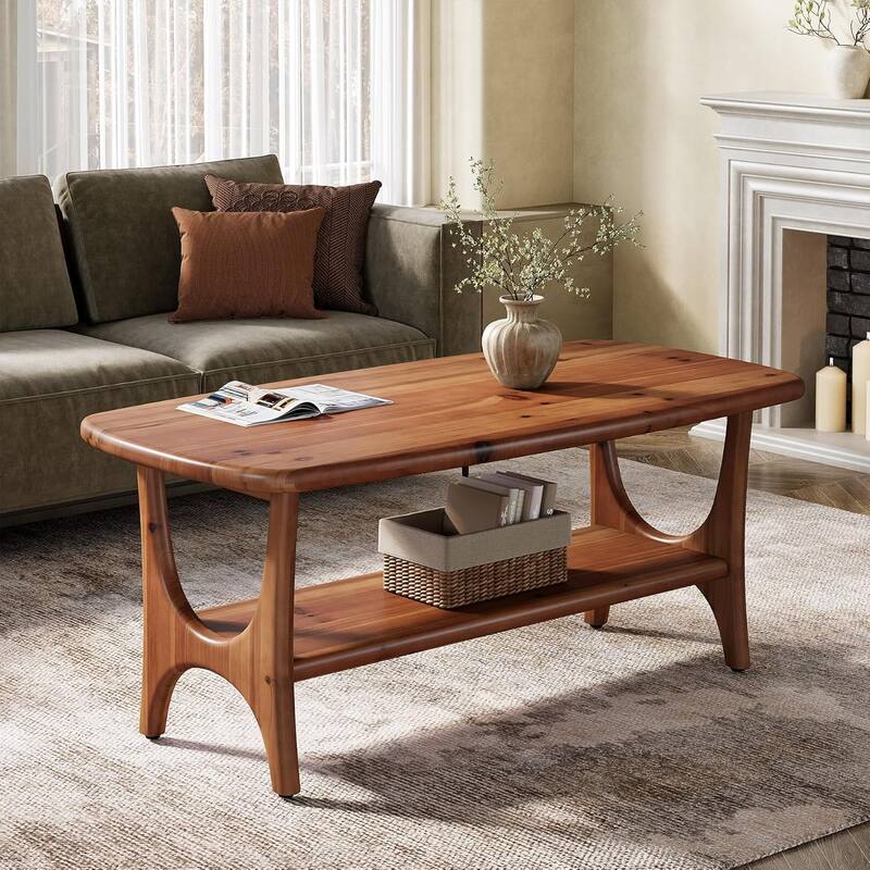 2-Tier 47.24” Mid-Century Modern Rectangle Solid Wood Coffee Table for Living Room - Dark Walnut