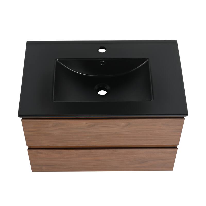Modern 24" Floating Bathroom Vanity with Black Ceramic Basin, Soft-Close Drawers, Water-Resistant Melamine Surface