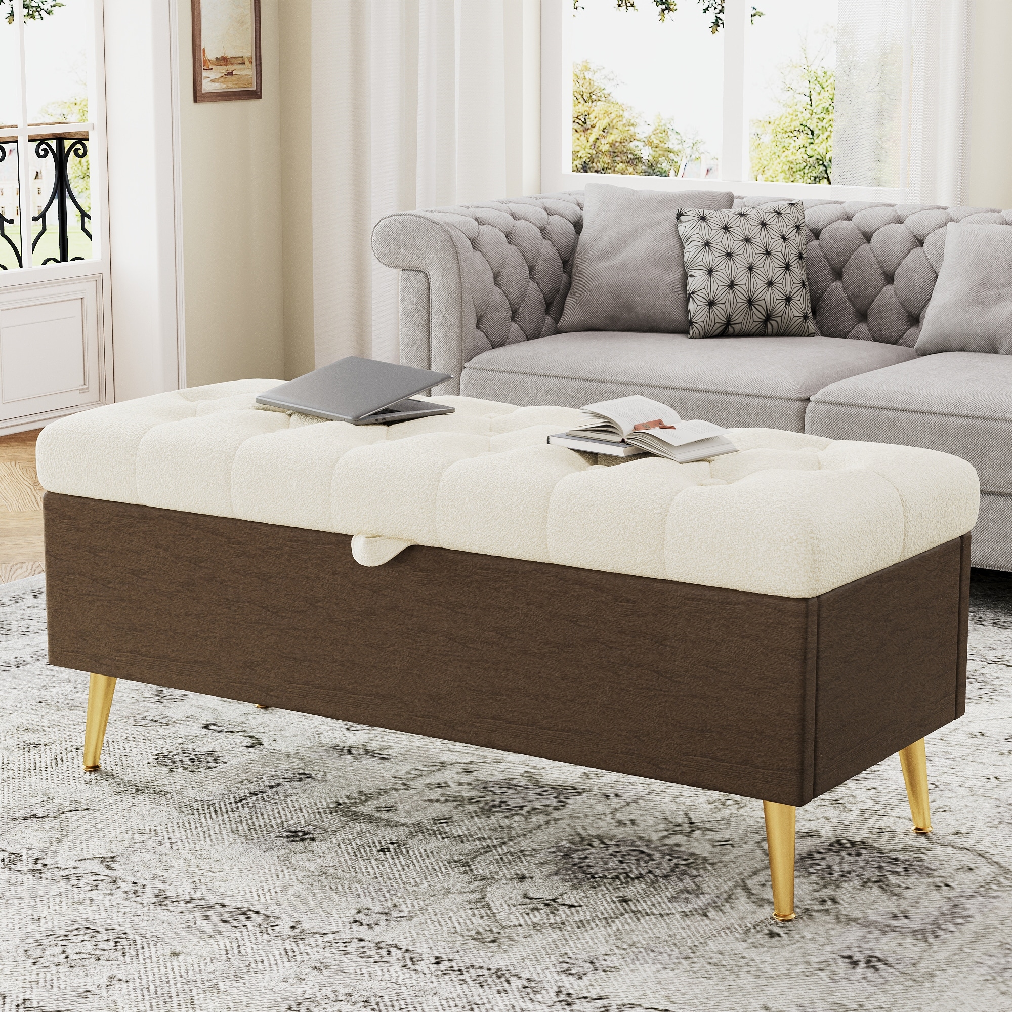 Roomfitters Modern Tufted Boucle Storage Ottoman Bench with Gold Metal Legs, Entryway End of Bed