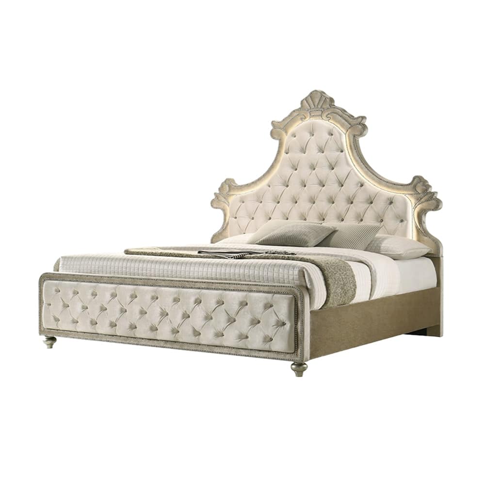 Velvet Upholstered Eastern King Bed with LED in Beige