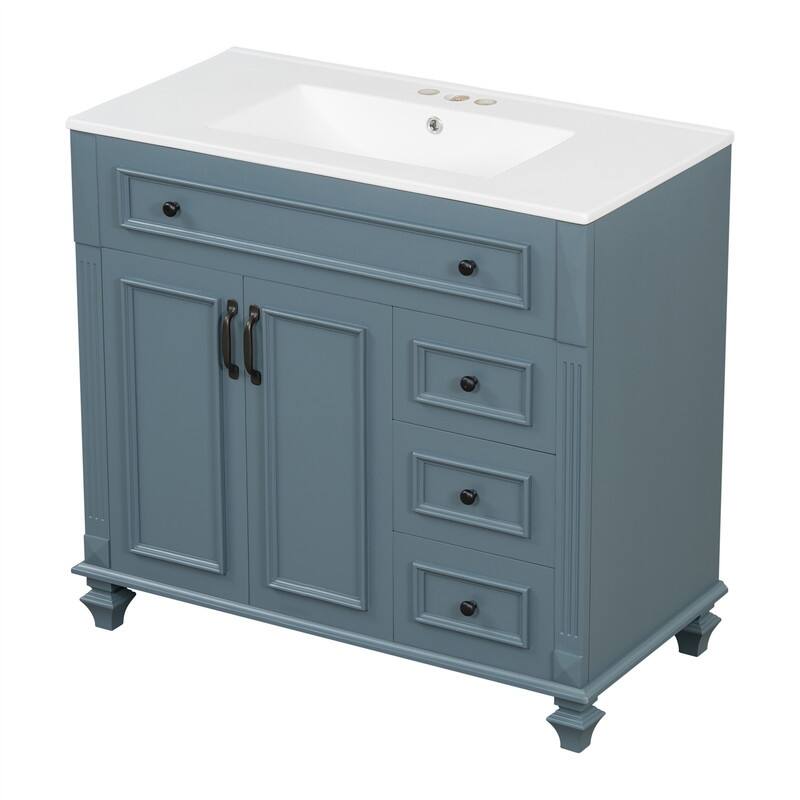 36" Bathroom Vanity with Ceramic Sink, Freestanding Bathroom Vanity Cabinet with Flip-Out Drawer, 3 Drawers & 2 Soft-Close Doors