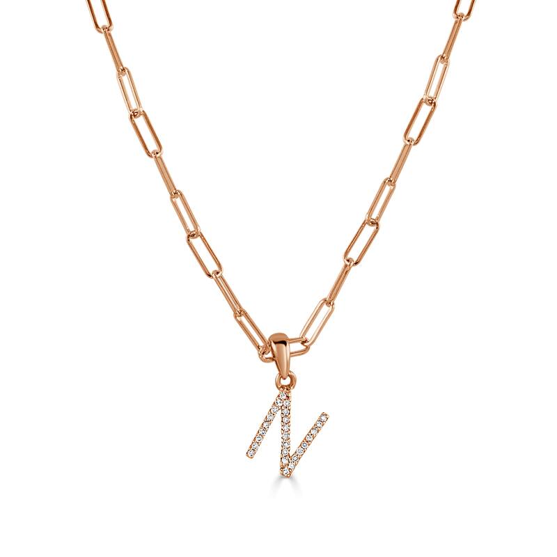 Joelle Collection Diamond Initial Letter Necklace Paperclip 14K Gold 16-inch Chain 1/10 TDW Necklace - N - Rose