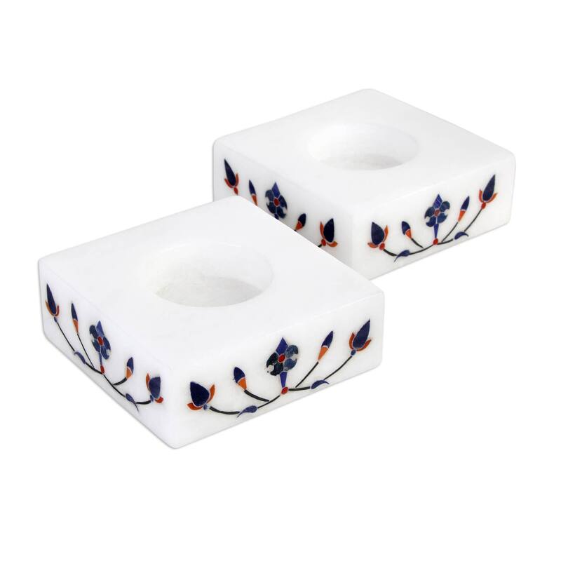 Novica Handmade Blooming Buds In Blue Marble Tealight Holders (Pair)