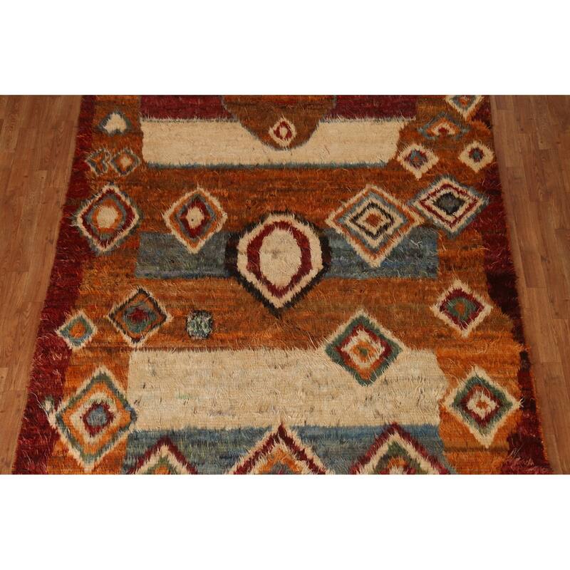 Hand Knotted Oriental 100% Wool Carpet Modern Tribal Oranges & Rust Moroccan Area Rug - 9' 11'' X 6' 8''