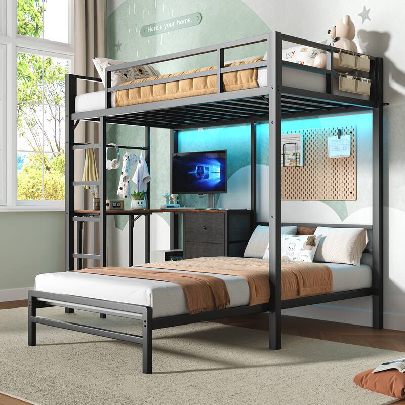 Metal Bunk Bed with Folding Table, 3 Storage Drawers, LED Lights & USB Ports