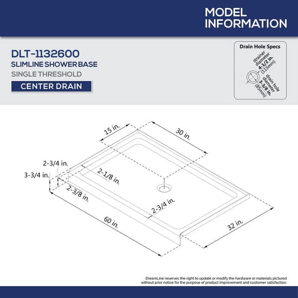 dimension image slide 1 of 2, DreamLine SlimLine 32 in. D x 60 in. W x 2 3/4 in. H Single Threshold Shower Base - 32" x 60"