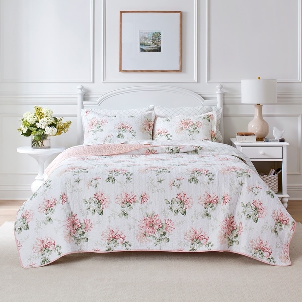 Laura Ashley Honeysuckle Cotton Reversible Pink Quilt Set On