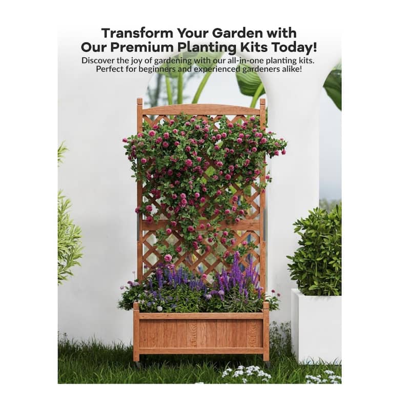 1-Pack 29.5 x 13 x 61.5 Inch Elevated Wooden Planter Box with Built-In Trellis Mobile Garden Bed