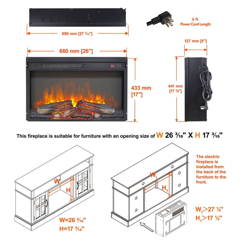 26 inch electric fireplace insert, ultra thin heater with log set & realistic flame, remote control with timer