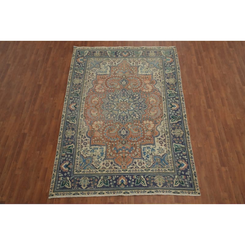Hand Knotted Oriental 100% Wool Carpet Traditional Floral Oranges & Rust Tabriz Area Rug - 9' 7'' X 6' 4''