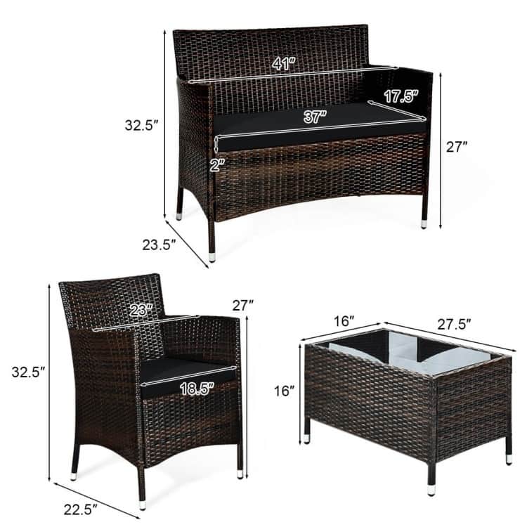 Rattan Patio Conversation Furniture Set with Glass Table and Comfortable Sofa - 4 Pcs