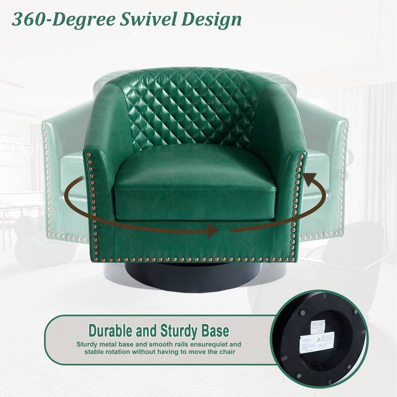 2 Set Tufted PU Vegan Leather Swivel Barrel Chair with Nailheads Trim