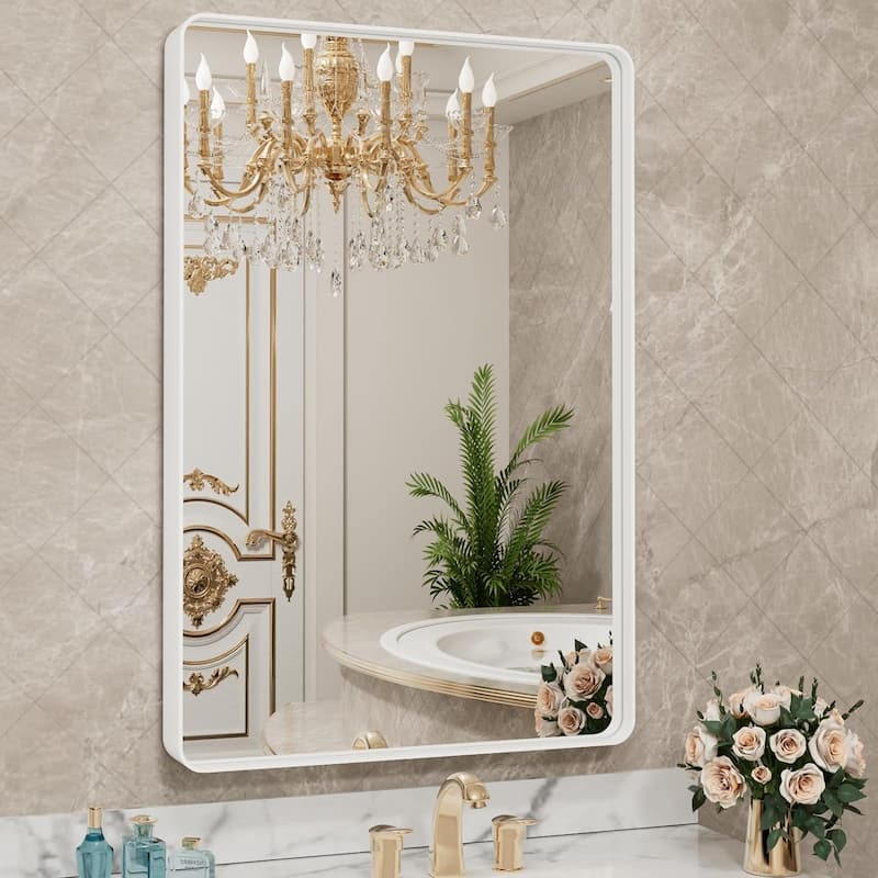 Aluminum Alloy Framed French Cleat Mounted Tempered Glass Wall Vanity Mirror - White - 36" x 32"