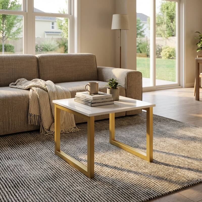 Meble Furniture Mawa 24-Inch Modern Square Coffee Table with High Gloss Top and Metal Sled Legs - Contemporary European Design